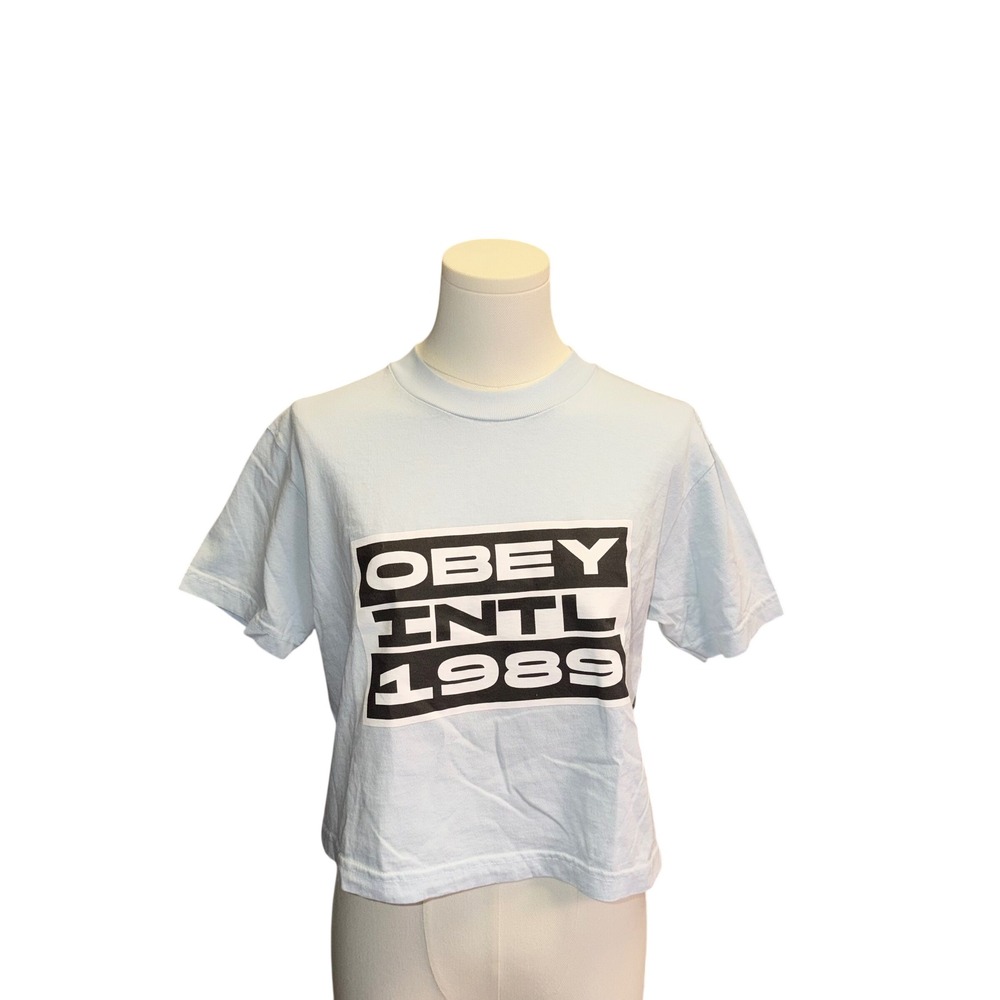 Obey International 1989 Light Blue Mock Neck Cropped Graphic Tee T-Shirt S NWT